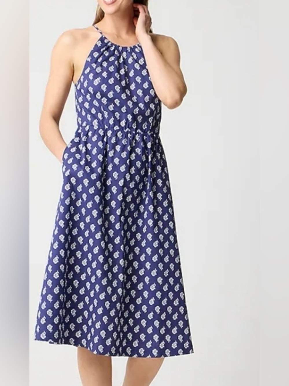 J. Crew Cotton Blue Halter Midi Dress with White Print size 6
